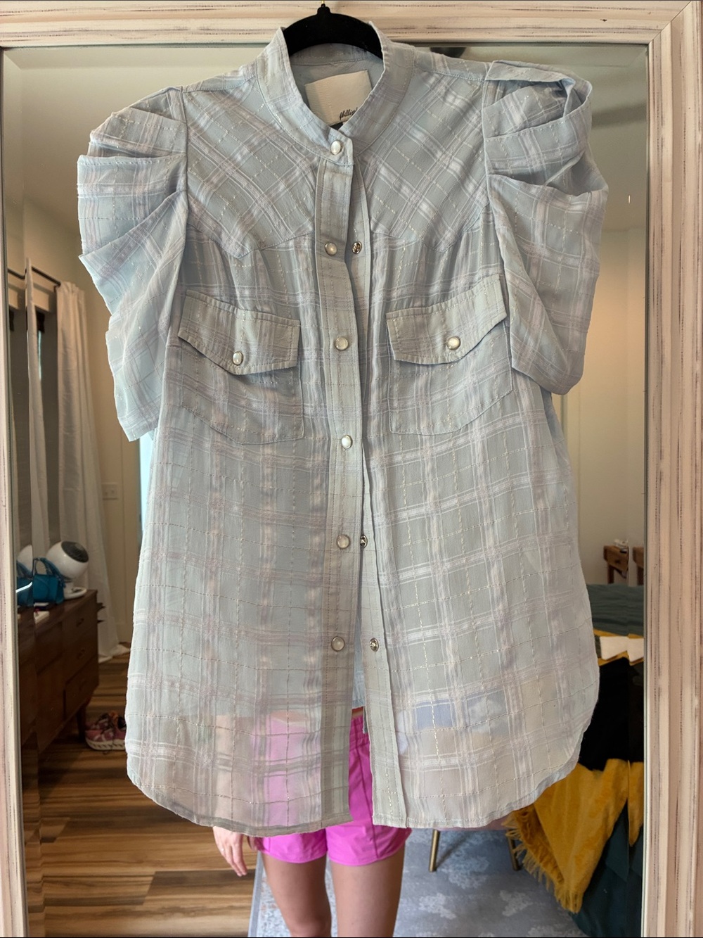 3.1 Phillip Lim Silk Pale Blue Textured Plaid Blouse Pouf Sleeve Size 2